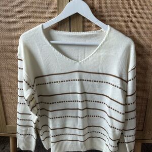 Cream and Brown Striped Women's Sweater